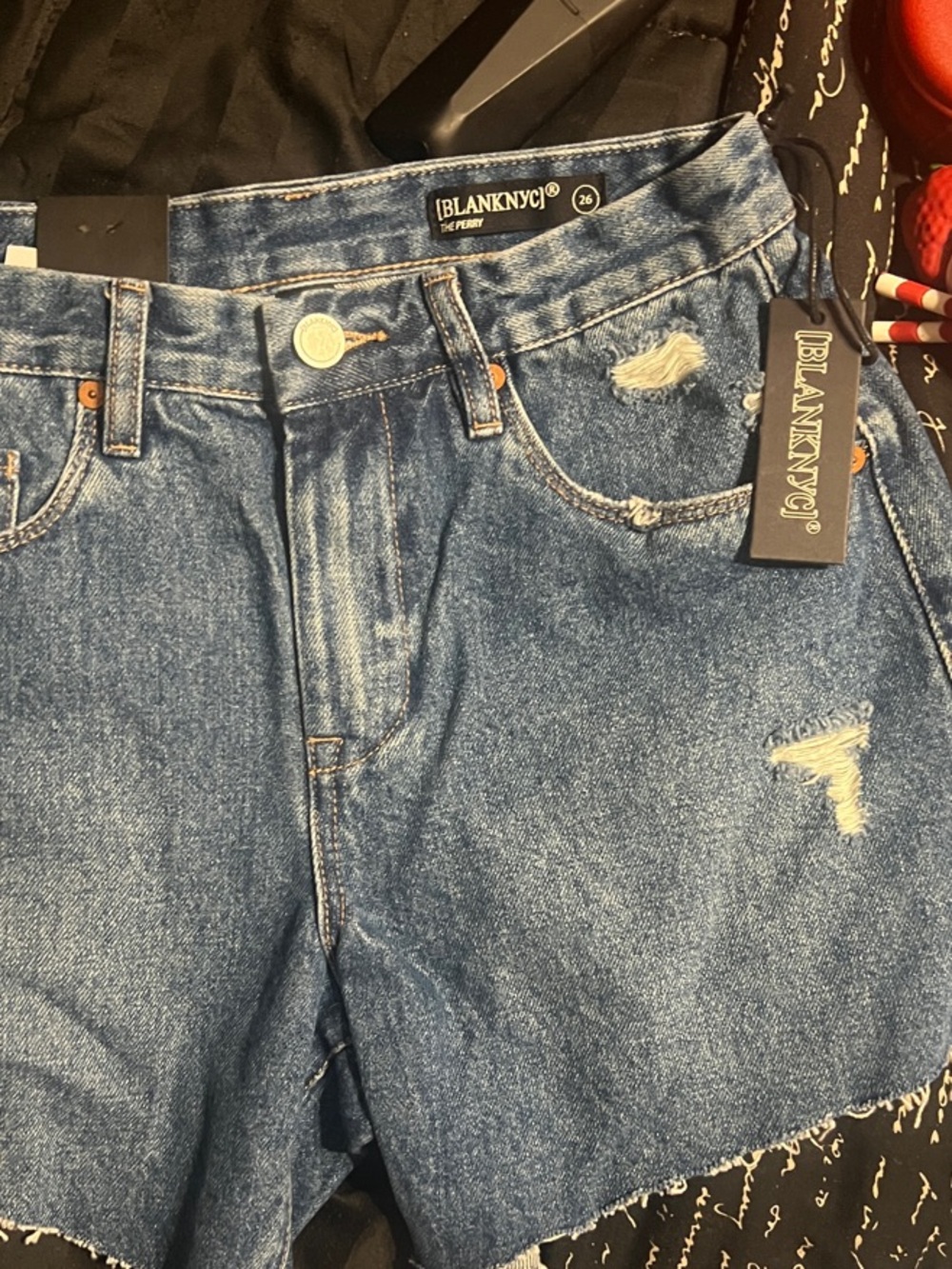 Blank NYC Distressed The Perry Blue Denim Cutoff Mom Shorts, size 6